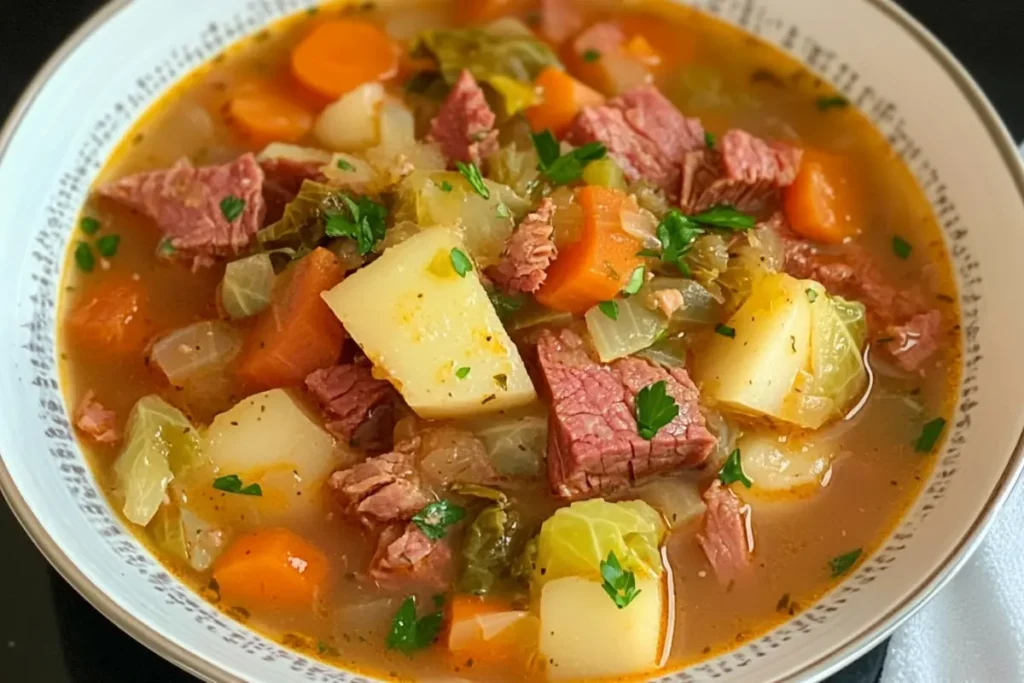 Bowl of Corned Beef and Cabbage Soup with Parsley Garnish