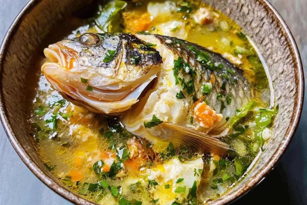 Ingredients for fish head soup: fish heads, vegetables, aromatics.