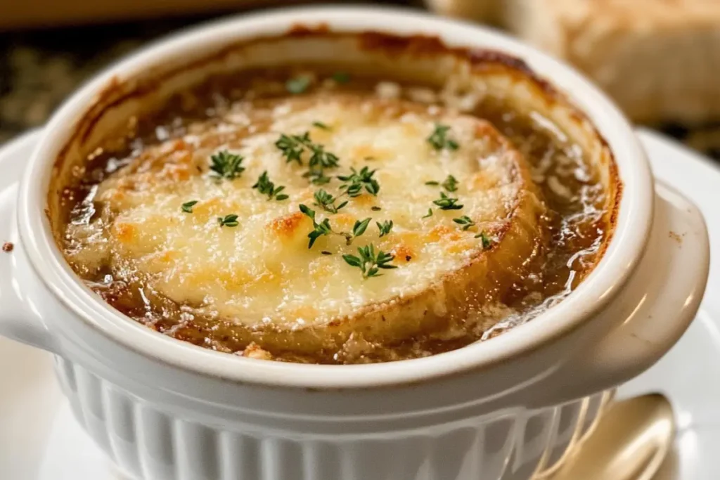 Bowl of French onion soup, highlighting french onion soup calories.