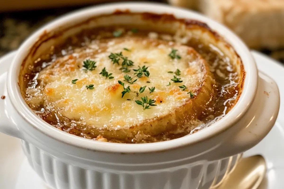 Bowl of French onion soup, highlighting french onion soup calories.