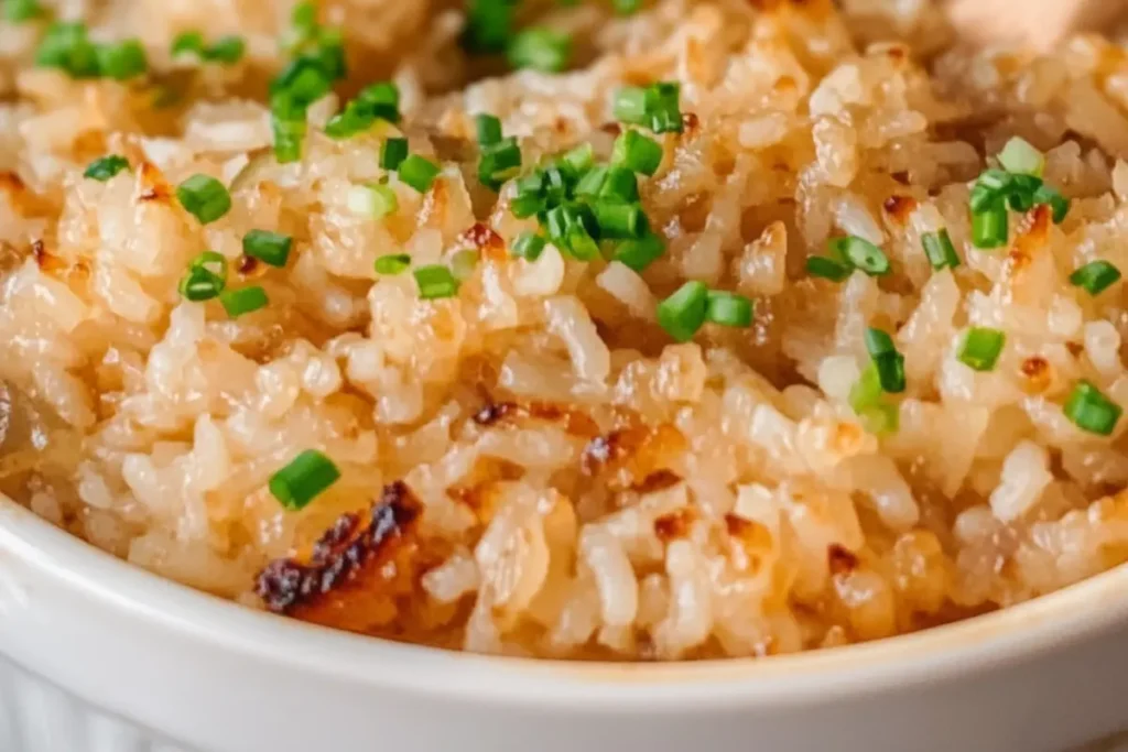 Decadent and delicious French Onion Soup Rice with melted cheese.