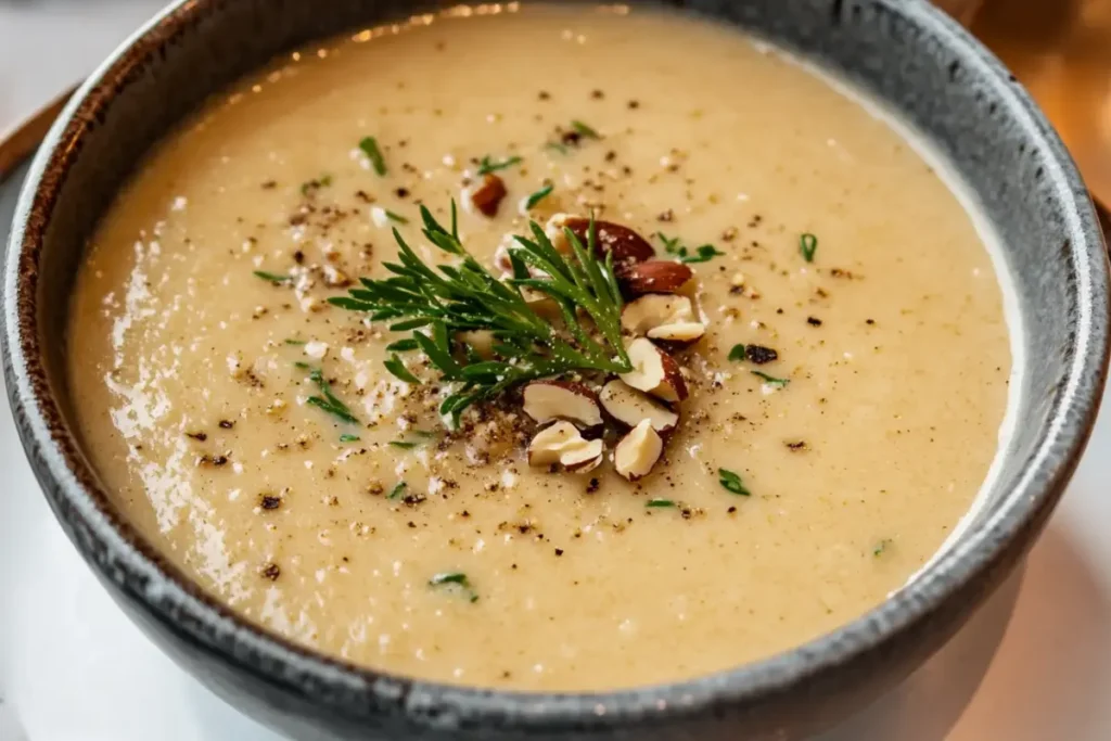 Hazelnut soup ingredients: hazelnuts, onions, broth, cream, spices.
