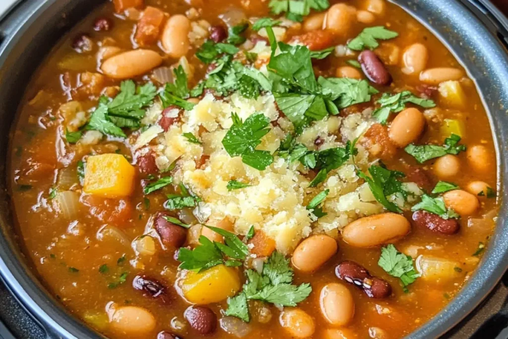 Bowl of 15 bean soup instant pot, easy recipe highlighted.