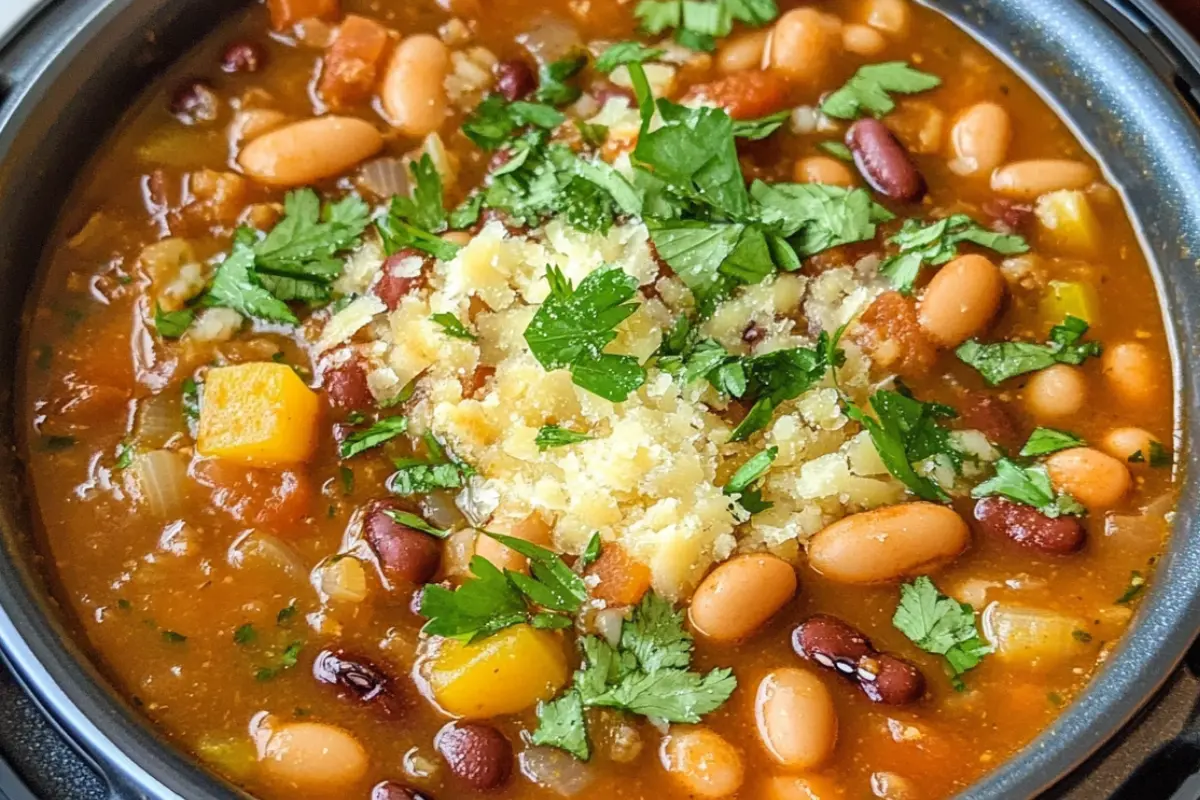 Bowl of 15 bean soup instant pot, easy recipe highlighted.