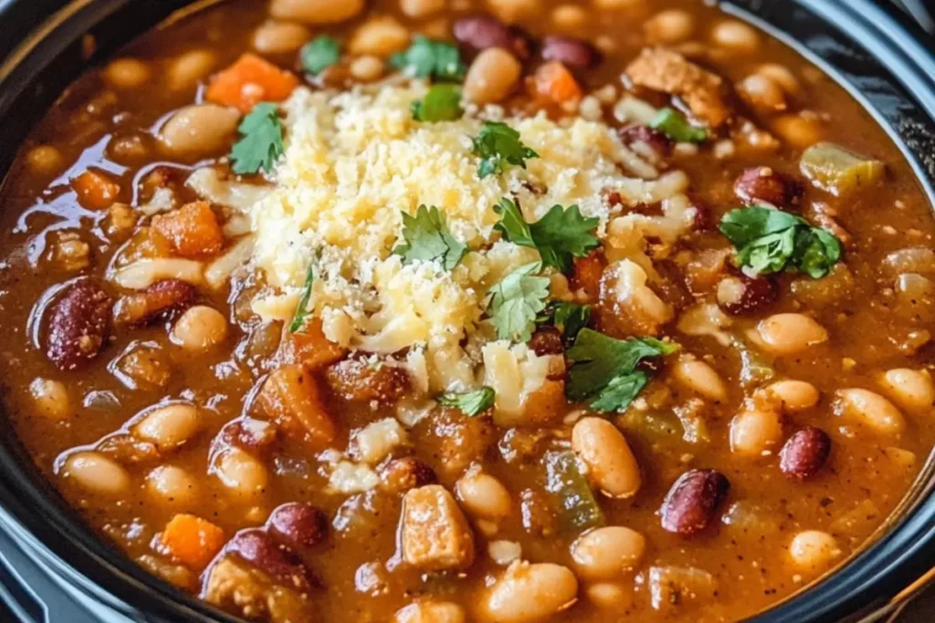 15 bean soup instant pot ingredients: beans, vegetables, broth, ham hock.