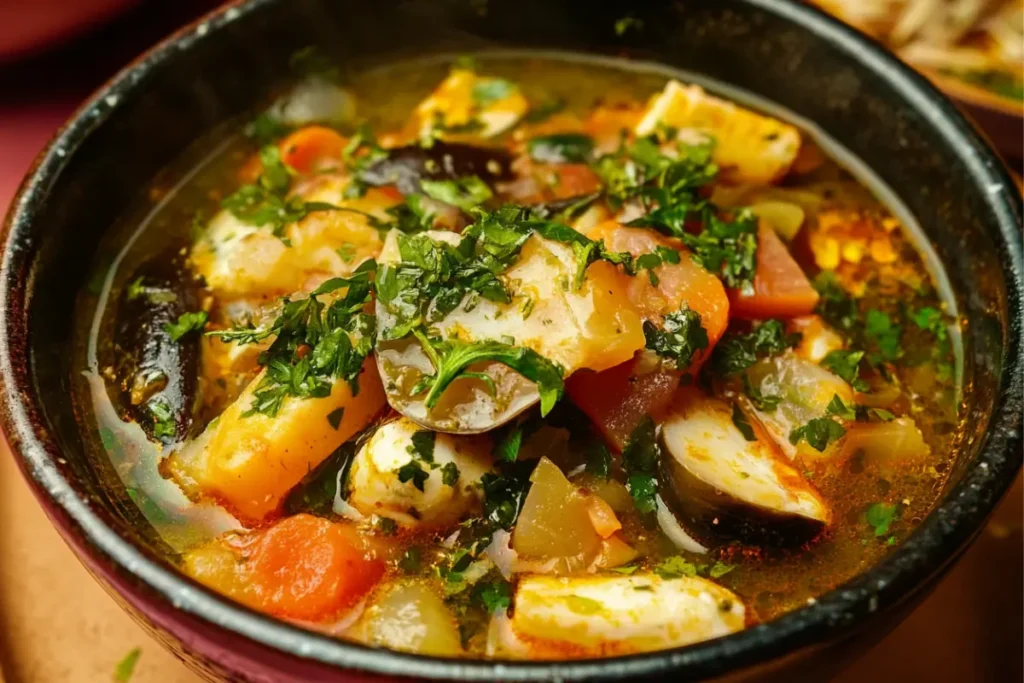 Steaming Bowl of Traditional 7 Mares Seafood Soup
