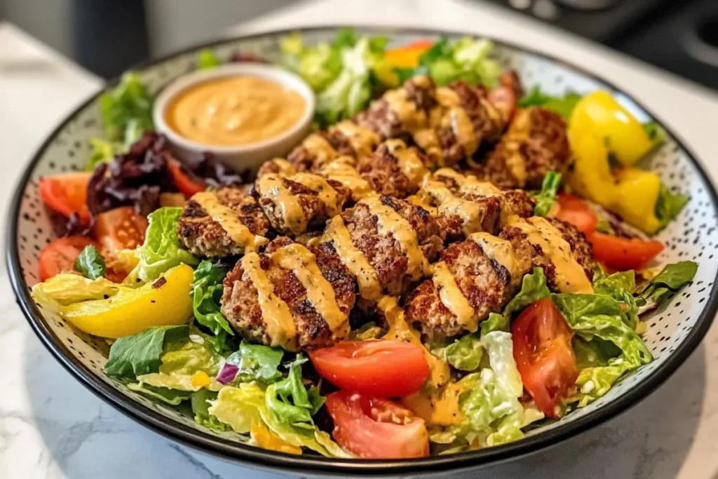 Delicious and healthy burger salad recipe.