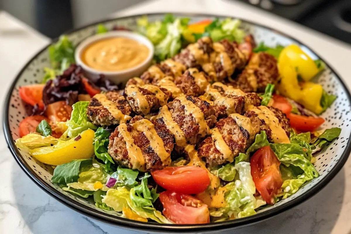 Delicious and healthy burger salad recipe.