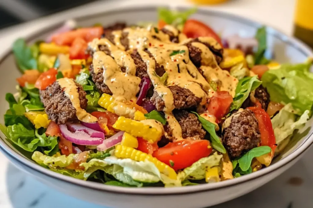 Assembling homemade burger salad with toppings.