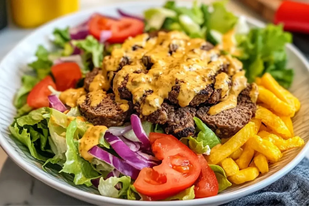 Healthy and flavorful burger salad with beef, cheese, and fresh vegetables.