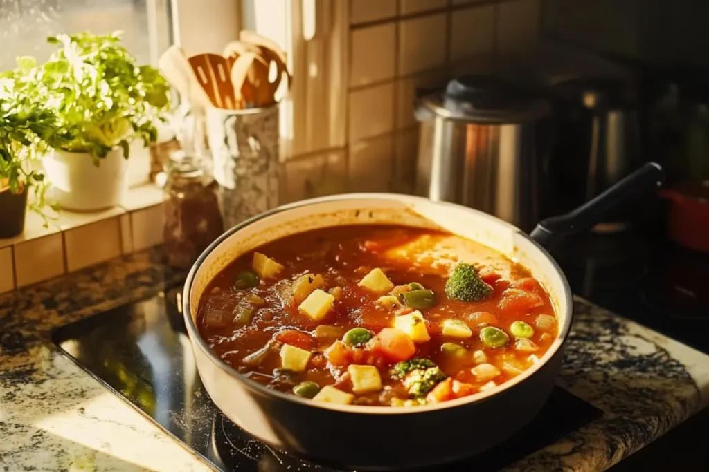 Busy Day Soup Recipe Simmering on the Stove