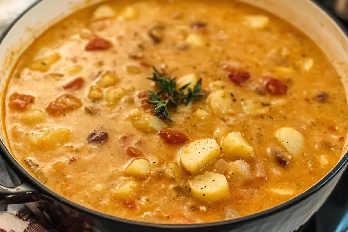 Simmering Cajun Potato Soup in a Pot