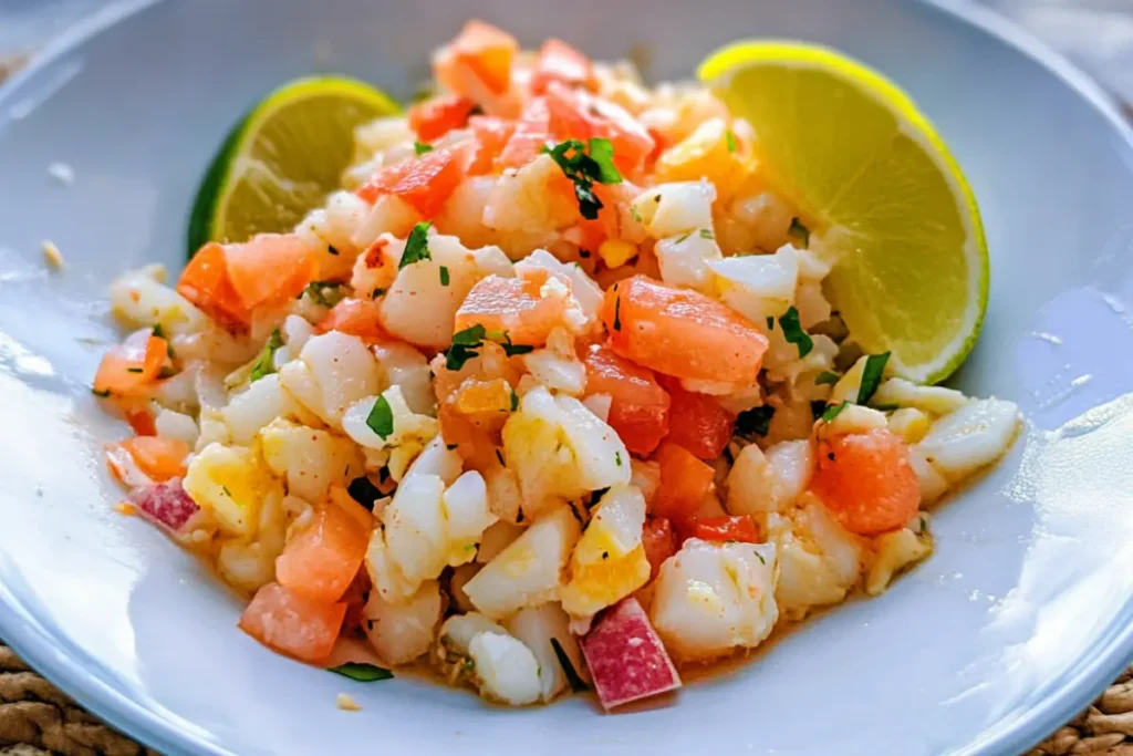 Bowl of refreshing conch salad, a Caribbean dish.