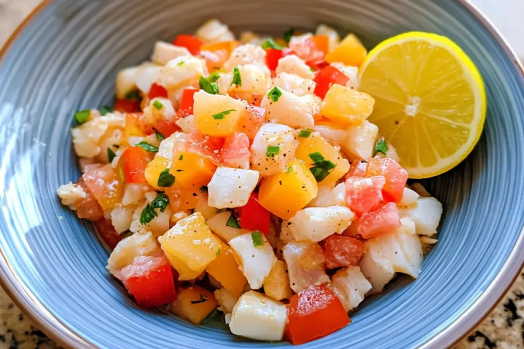 Dicing raw conch for conch salad, preparation step.