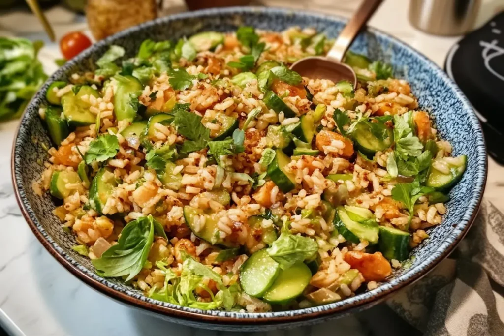 Colorful and crunchy crispy rice salad recipe.