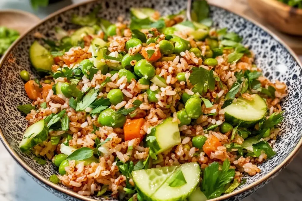Adding crispy rice to salad, showing crispy rice salad assembly.