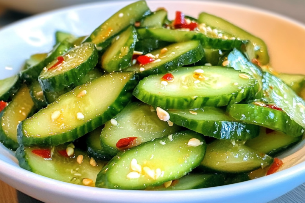 Marinating crushed cucumbers for Din Tai Fung cucumber salad recipe.