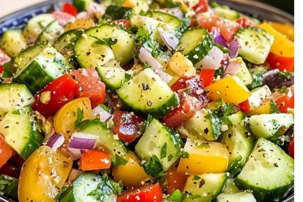 Fresh ingredients for mediterranean cucumber salad: cucumbers, tomatoes, feta.