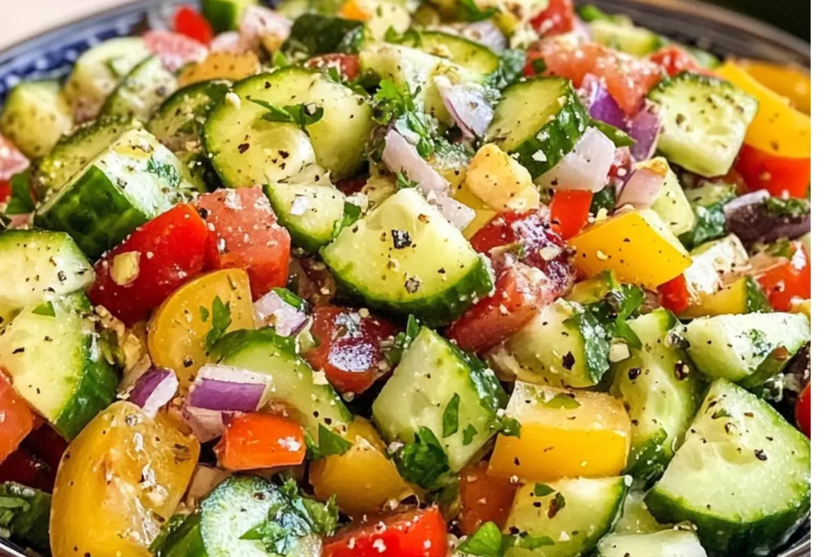 Fresh ingredients for mediterranean cucumber salad: cucumbers, tomatoes, feta.