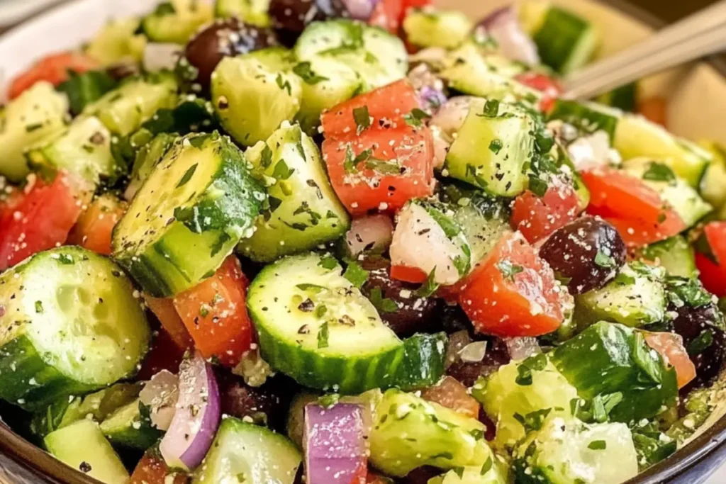 Tossing mediterranean cucumber salad, showing fresh ingredients.

Title: Assembling Mediterranean Cucumber Salad - Fresh and Vibrant

Caption: Gently tossing fresh ingredients to create a vibrant mediterranean cucumber salad.
