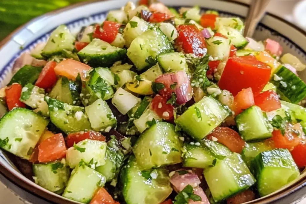 Olive oil and lemon dressing being poured on mediterranean cucumber salad.