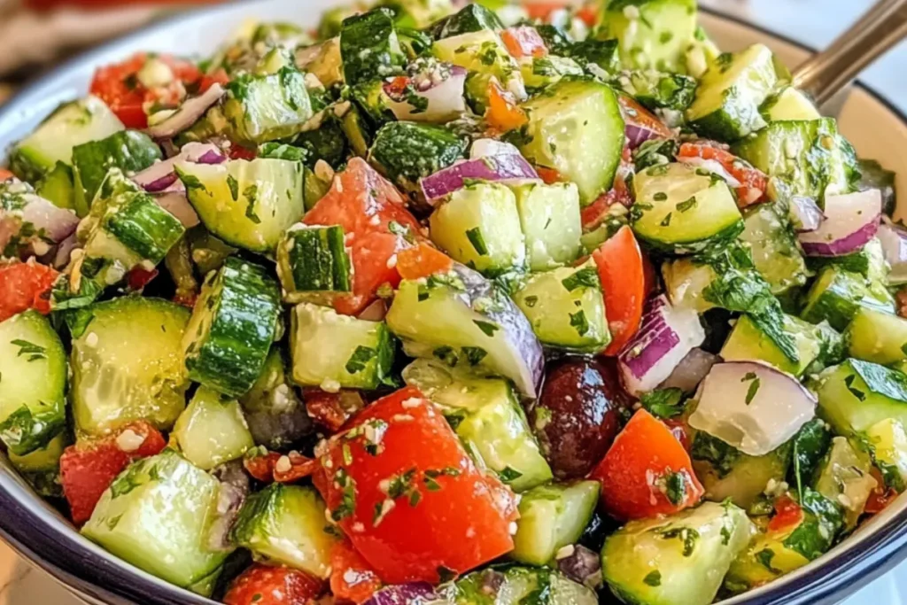 Fresh herbs (dill, mint, parsley) being added to mediterranean cucumber salad.