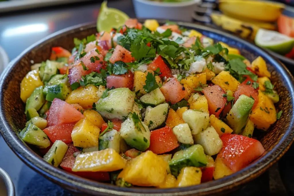 Fresh fruit ingredients for mexican fruit salad: watermelon, mango, pineapple.