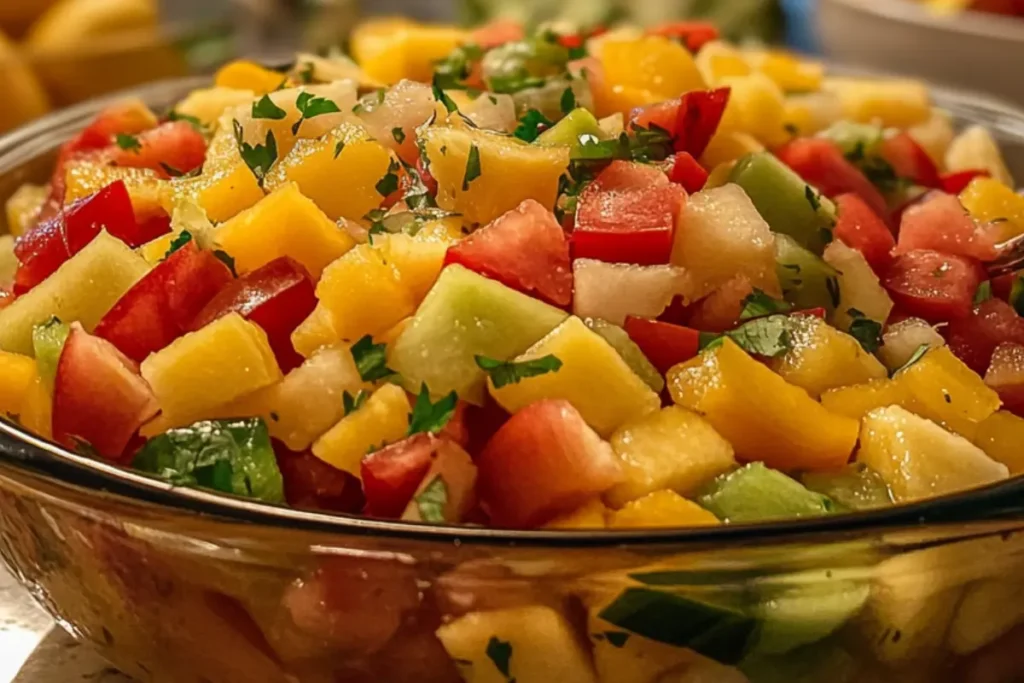  Ladle pouring lime dressing over mexican fruit salad in a bowl