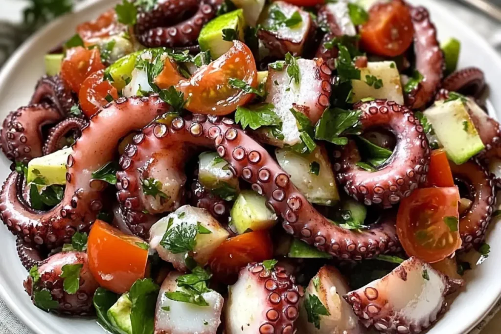 Assembling homemade octopus salad.