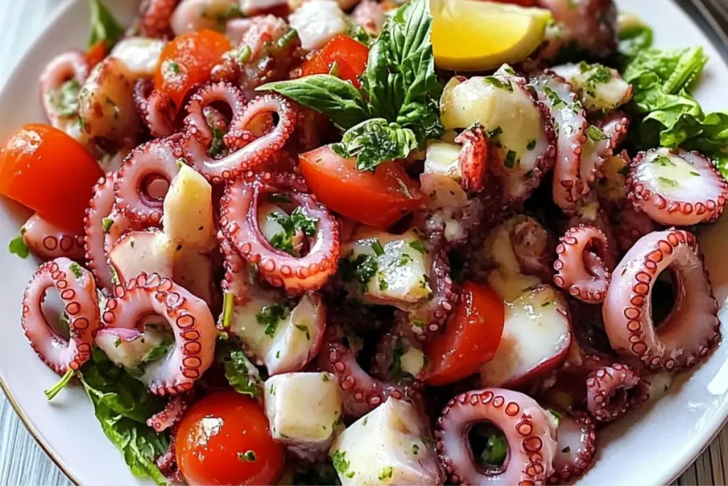 Homemade octopus salad with fresh vegetables and lemon dressing.