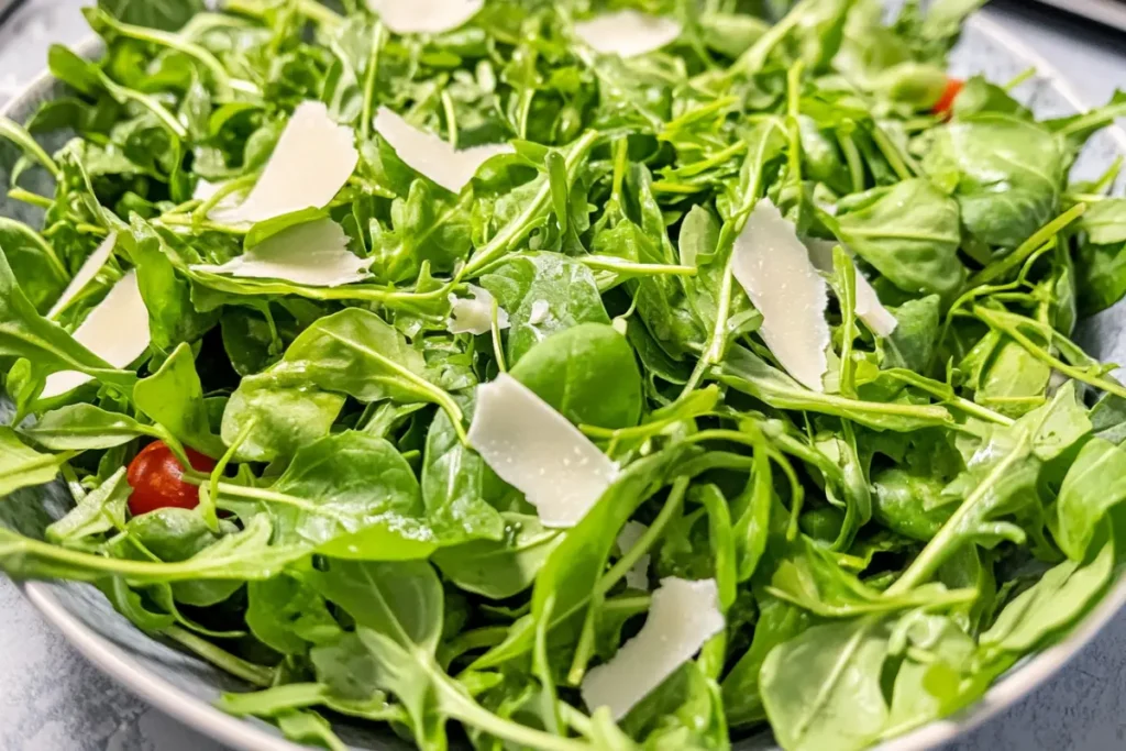 Close-up of fresh rocket leaves, showing texture and vibrant green color.