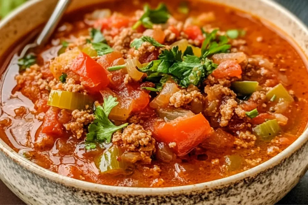 slow cooker stuffed pepper soup highlighting the recipe.