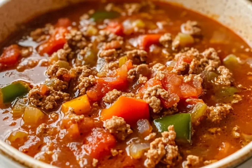Slow cooker of stuffed pepper soup, ladle serving portion.