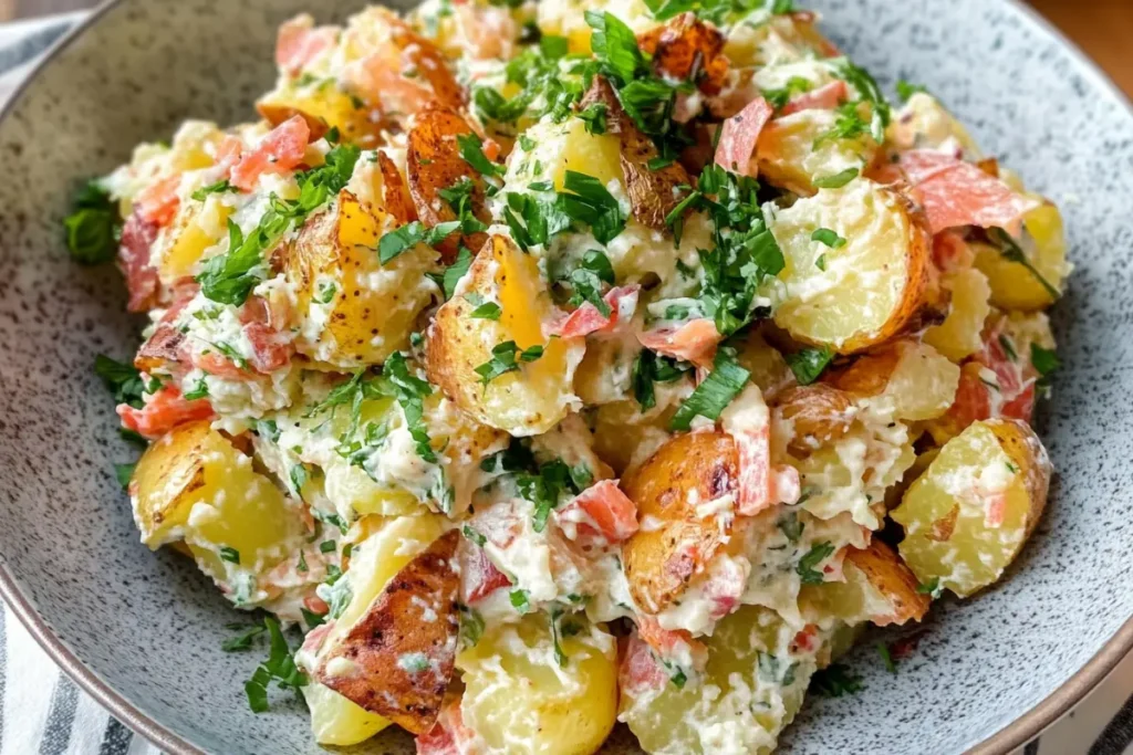 Delicious and rustic smashed potato salad recipe.