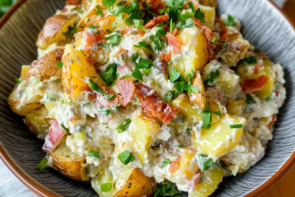 Smashing cooked potatoes for smashed potato salad.