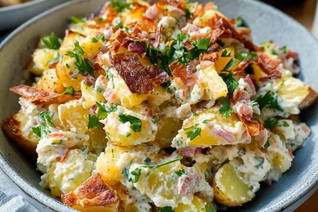 Dressing homemade smashed potato salad.