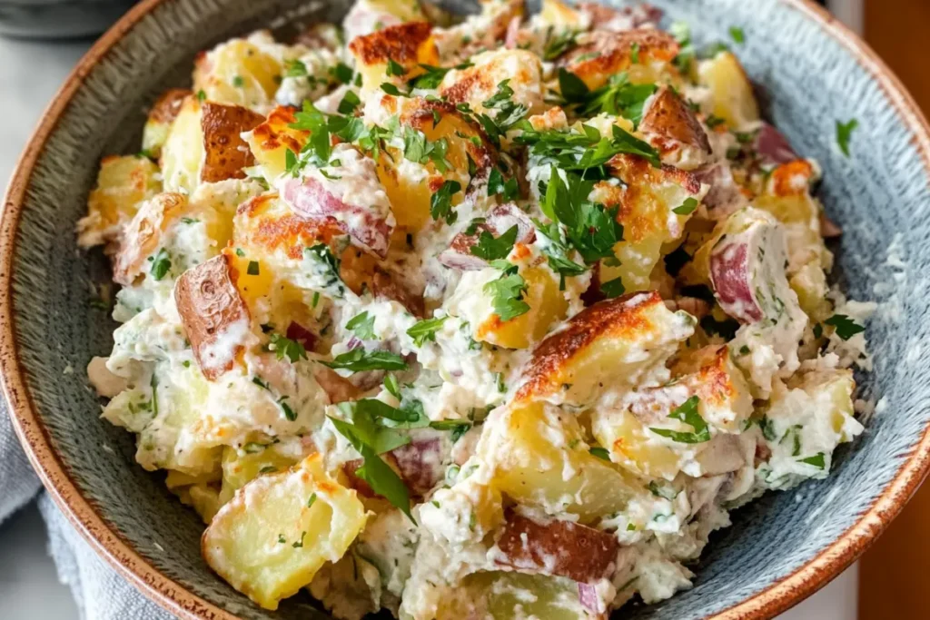 Creamy and flavorful smashed potato salad with bacon and dill.
